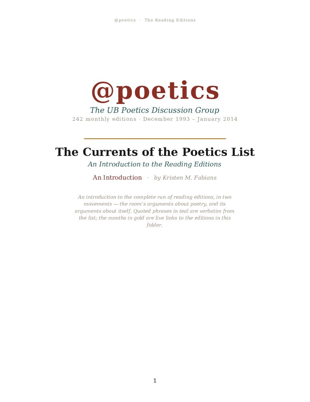 Cover of The Currents of the Poetics List — An Introduction to the Reading Editions