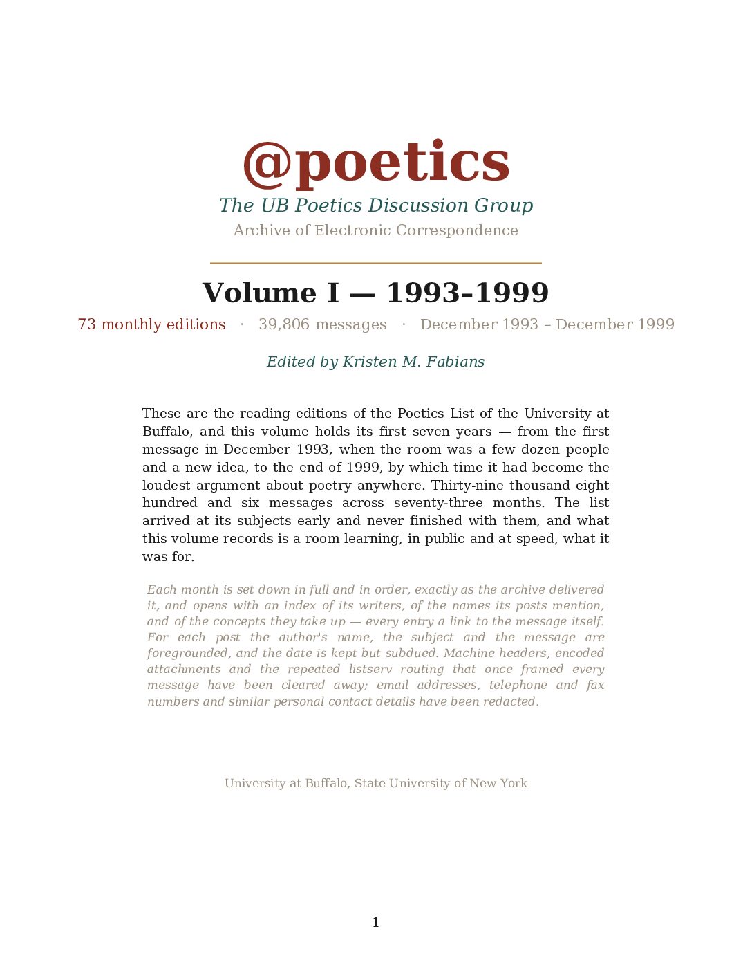Cover of @poetics — Archive of Electronic Correspondence, Volume I: 1993–1999