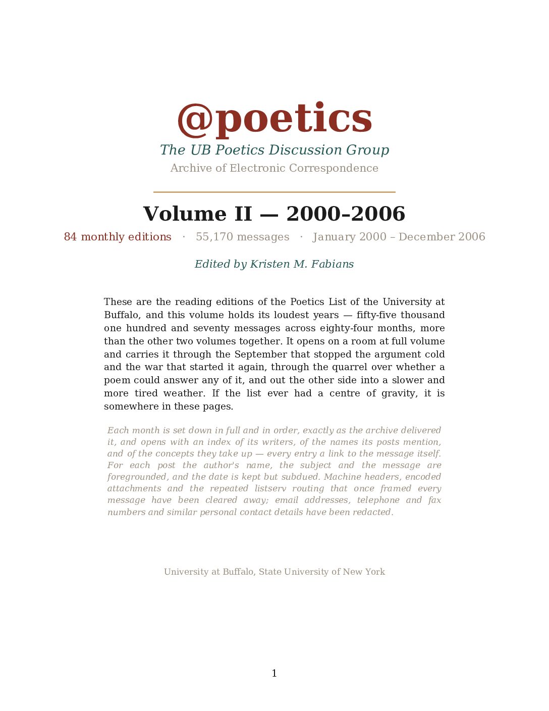 Cover of @poetics — Archive of Electronic Correspondence, Volume II: 2000–2006
