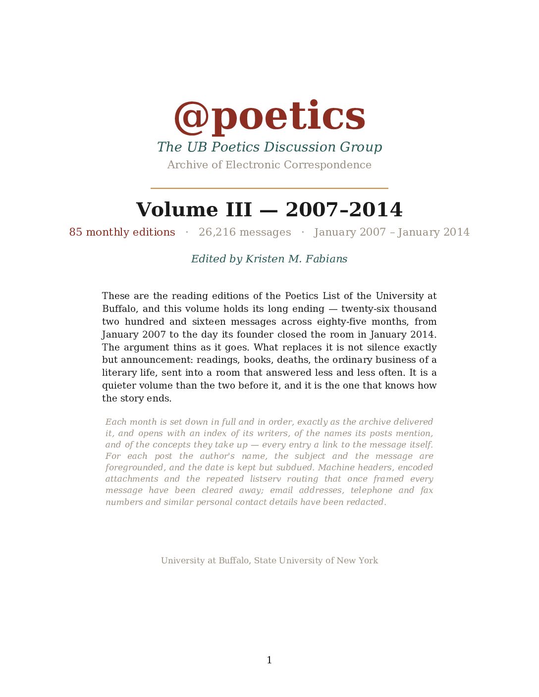 Cover of @poetics — Archive of Electronic Correspondence, Volume III: 2007–2014