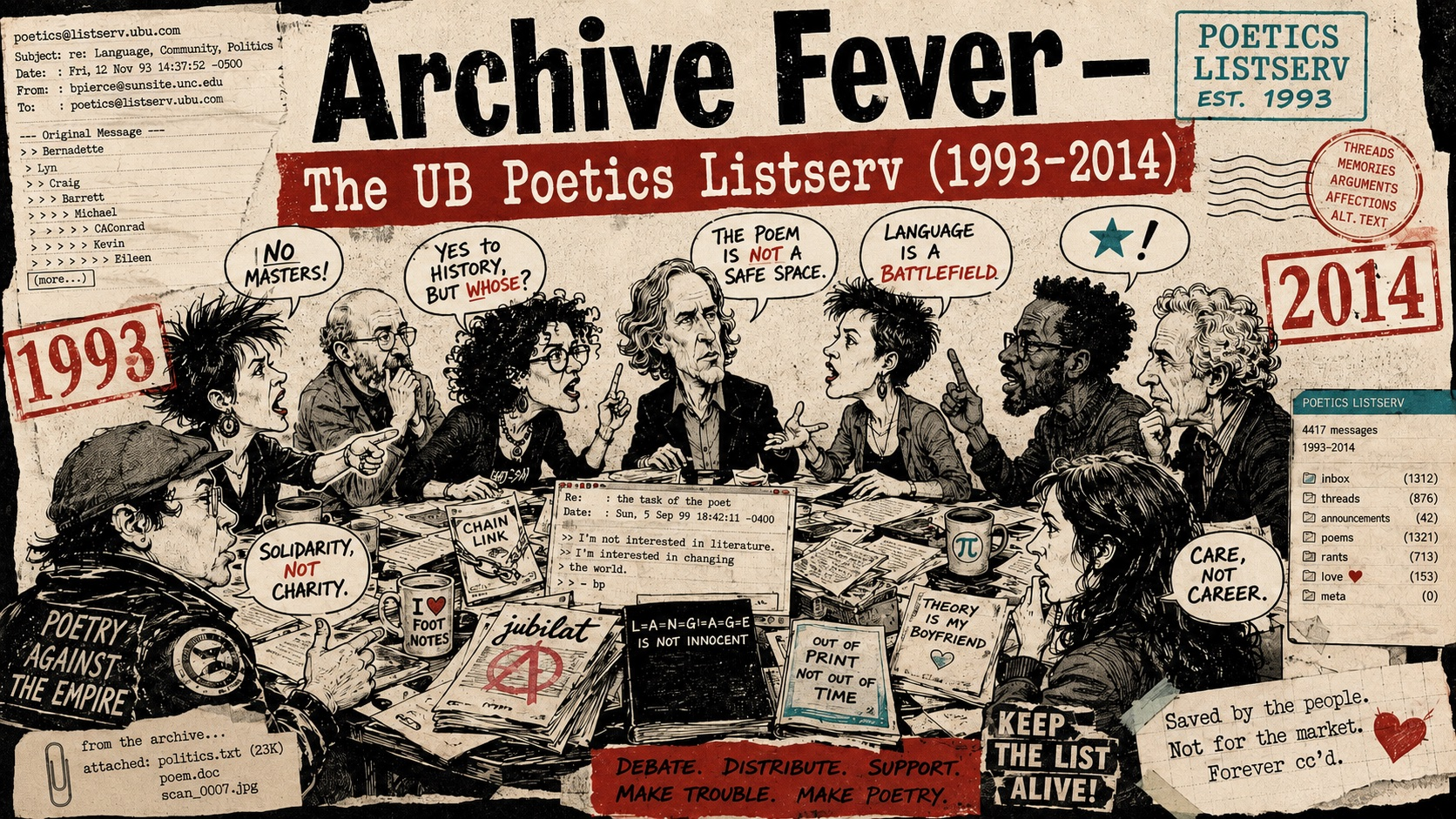 Archive Fever — The UB Poetics Listserv, illustrated as poets debating around a table covered with correspondence and books, 1993–2014.