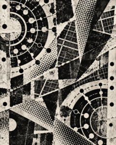 Abstract black-and-white collage of circular diagrams, grids, dots, and torn paper