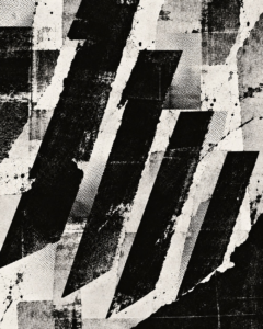 Abstract black-and-white pattern of diagonal slashes, halftone textures, and torn paper